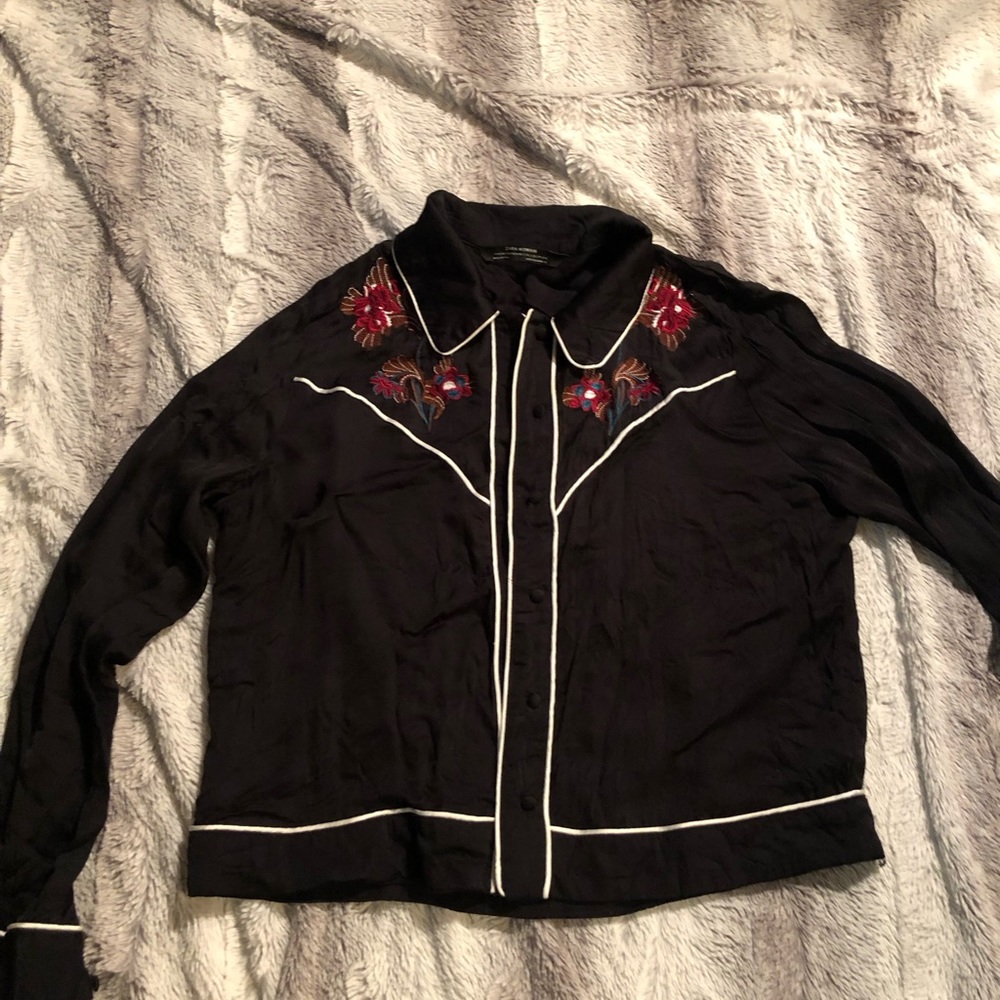 Zara button front embroidered floral western blouse black